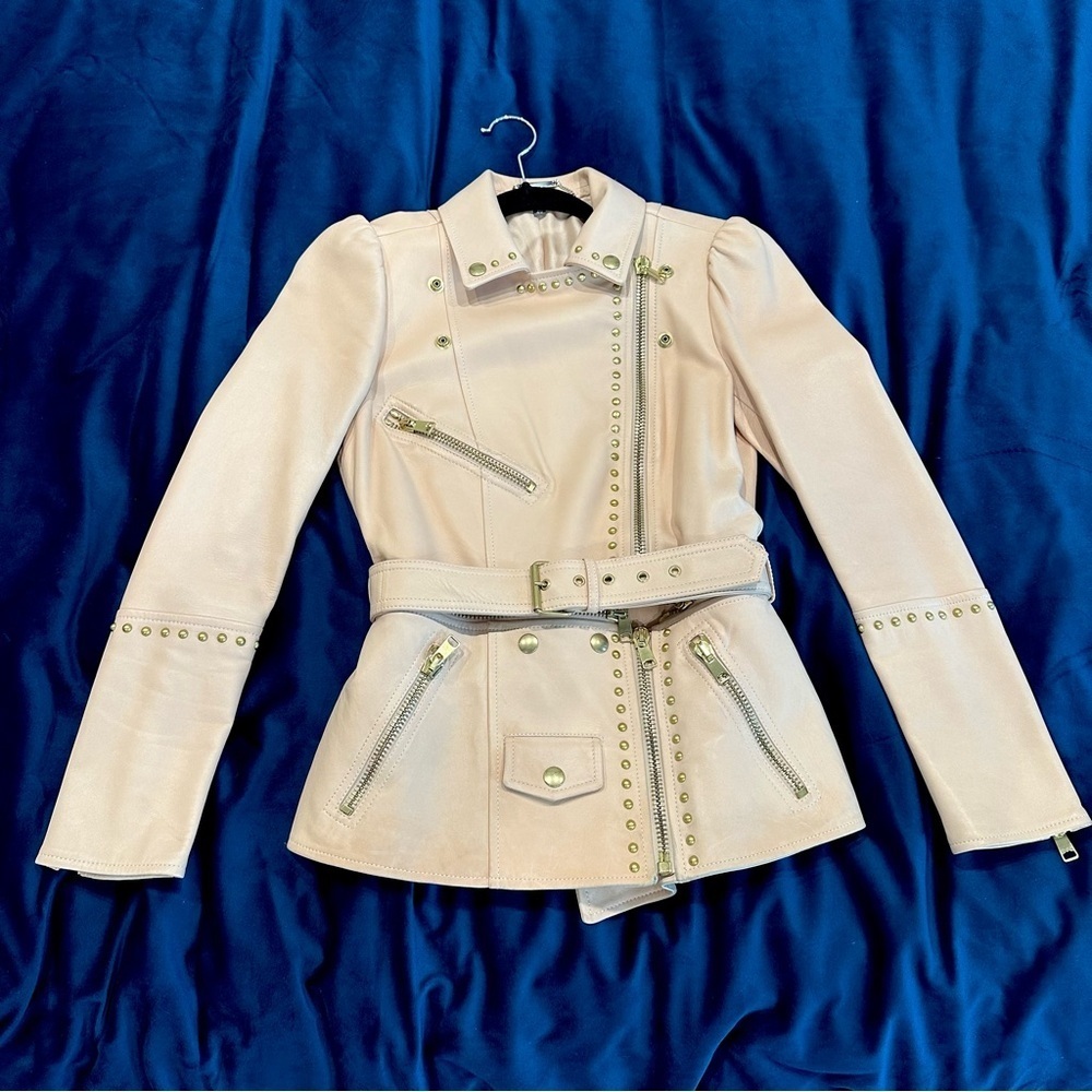 Alexander McQueen Belted Blush Leather Stud Zipper Jacket 40/S - Picture 3 of 14